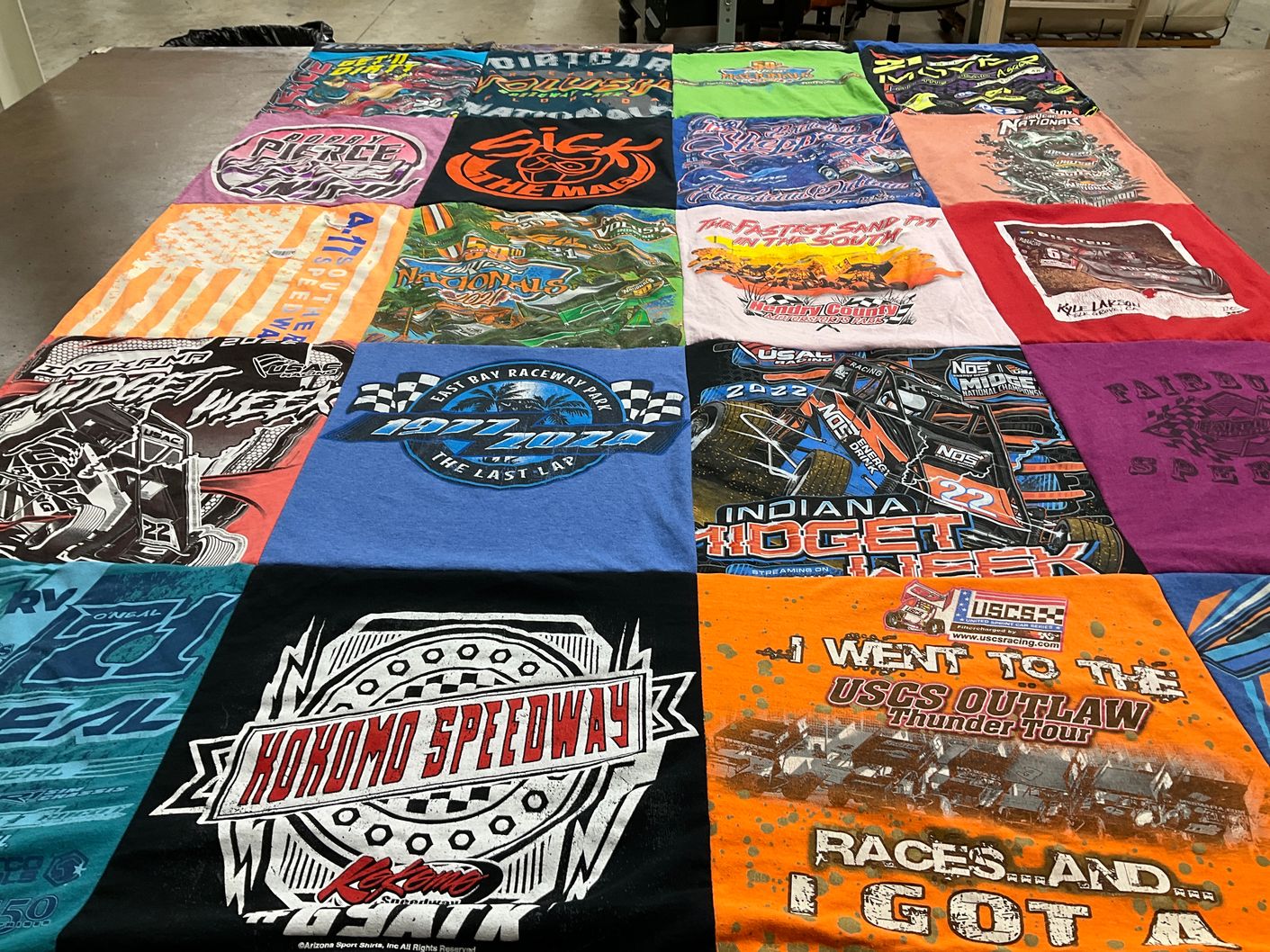 T-shirt quilt with racing, motorsports themes by stephanie from FL