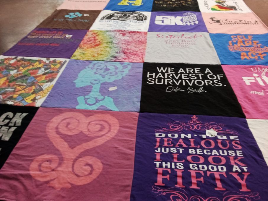 T-shirt quilt with survivor support, personal development themes by Rochelle from NC