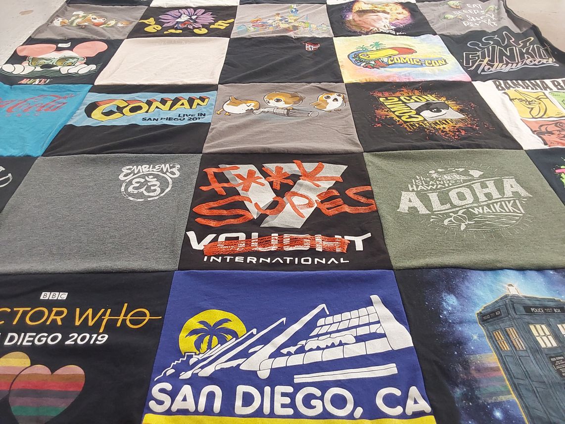 T-shirt quilt with comic con, pop culture themes by Cerena from CA