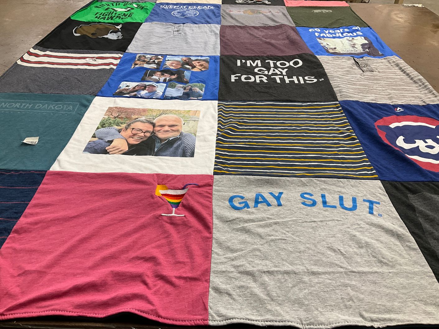 T-shirt quilt with lgbtq, community themes by Ann from IL