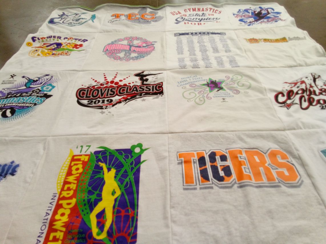T-shirt quilt with gymnastics, competitions themes by Erin from CA