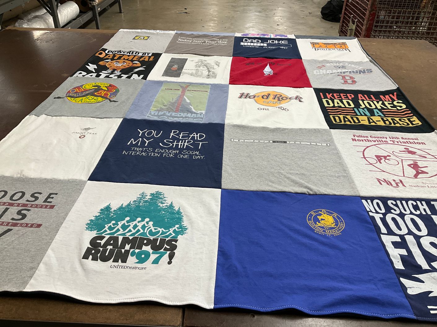 T-shirt quilt with social interaction, dad jokes themes by Sherry from NY