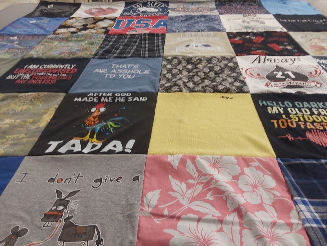 T-shirt quilt with humor themes by Alyssa from CA