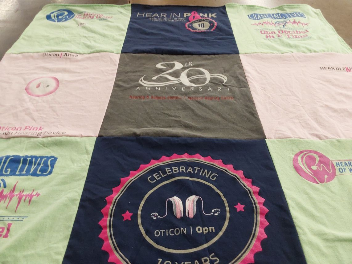 T-shirt quilt with hearing health, hearing aids themes by Elizabeth from MS