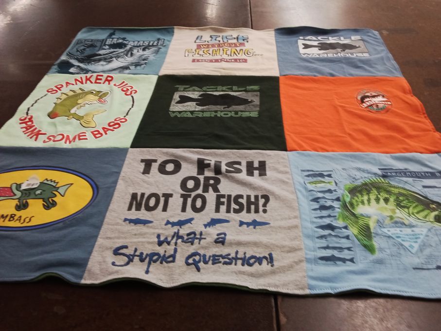 T-shirt quilt with fishing themes by Elizabeth from MS