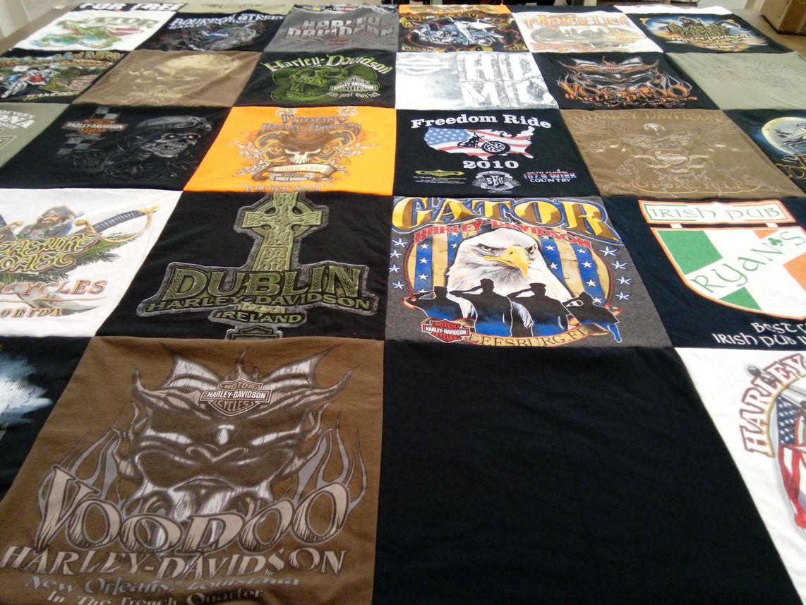 T-shirt quilt with motorcycles, biking themes by Mary from FL