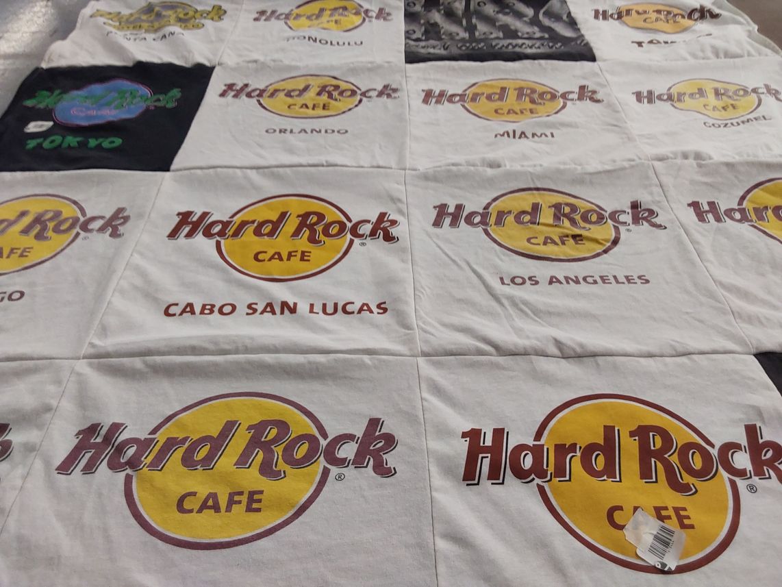 T-shirt quilt with music, hard rock themes by Shelley from FL