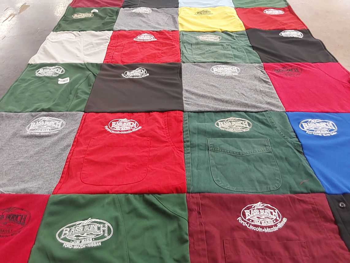 T-shirt quilt with cars, fishing themes by Laura from TX
