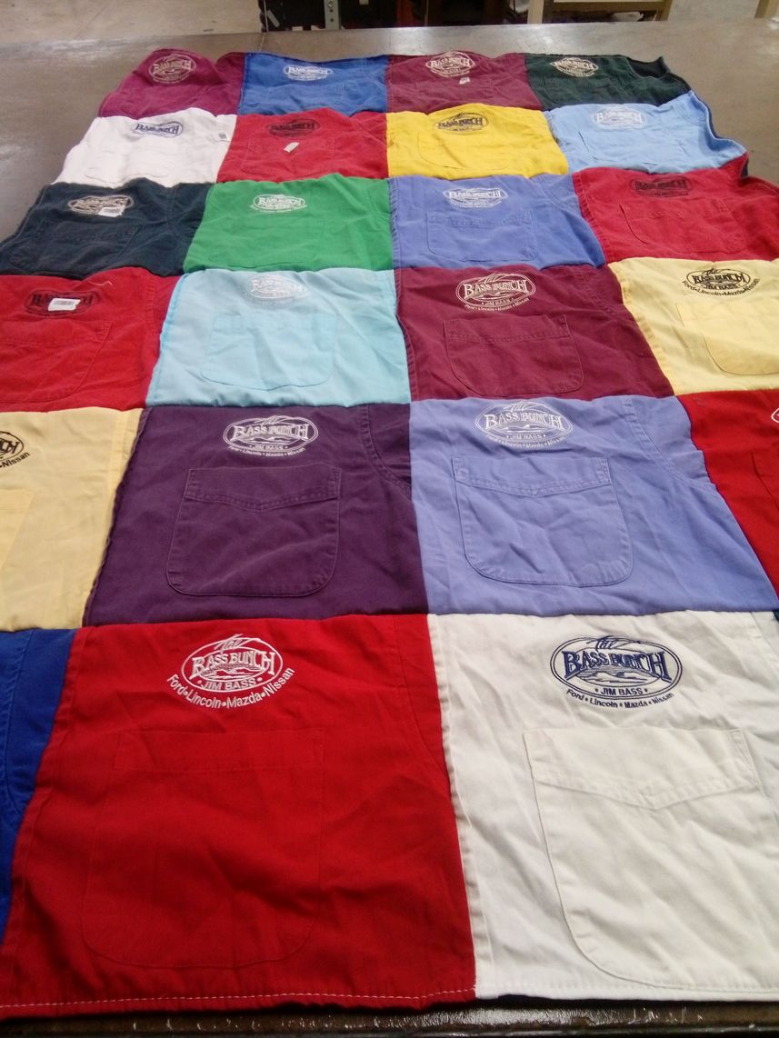 T-shirt quilt with fishing, cars themes by Laura from TX