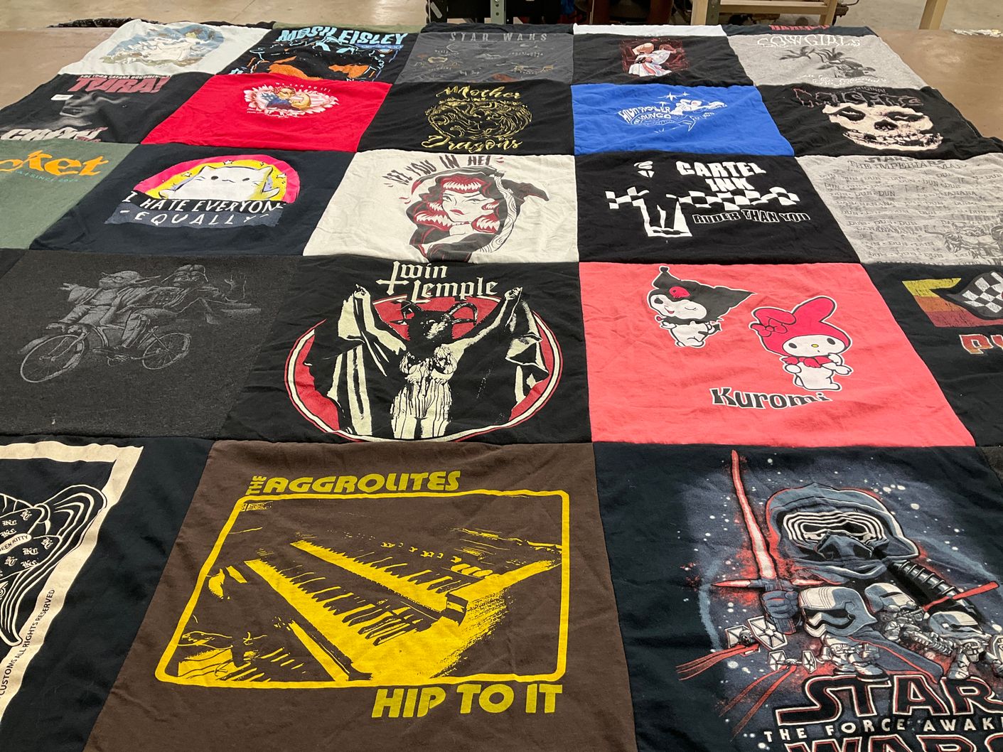 T-shirt quilt with music, tv shows themes by Ana from CA