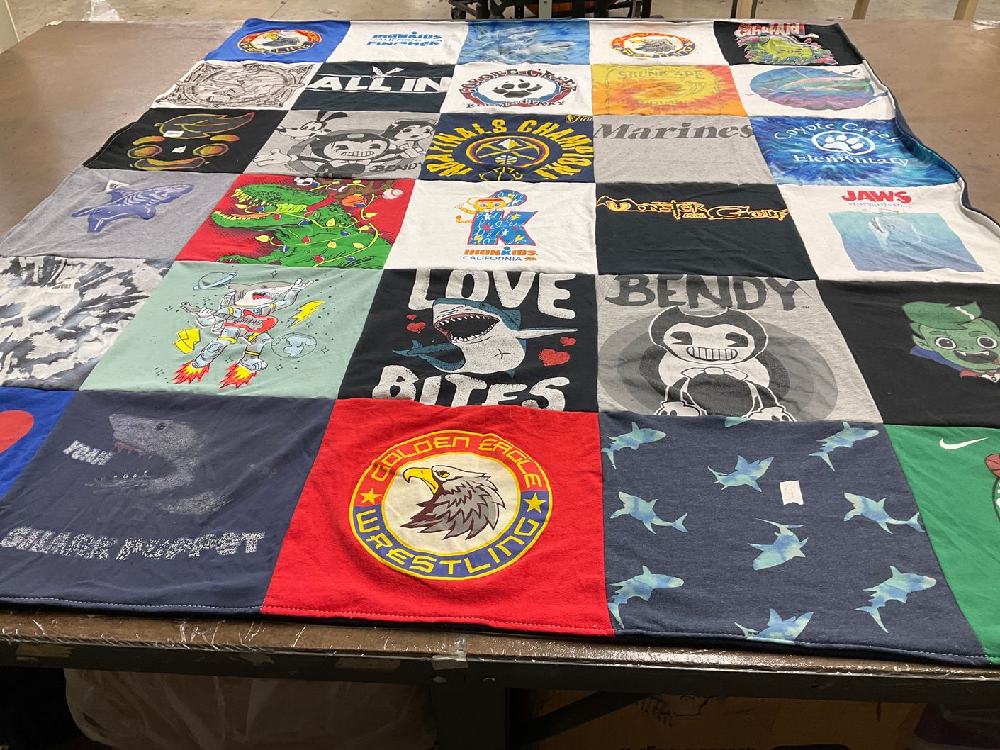 T-shirt quilt with marine life, wrestling themes by Emily from CO