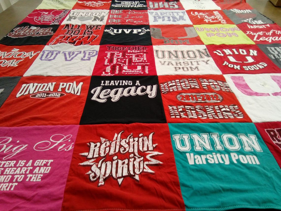 T-shirt quilt featuring union varsity pom by Rachel from OK