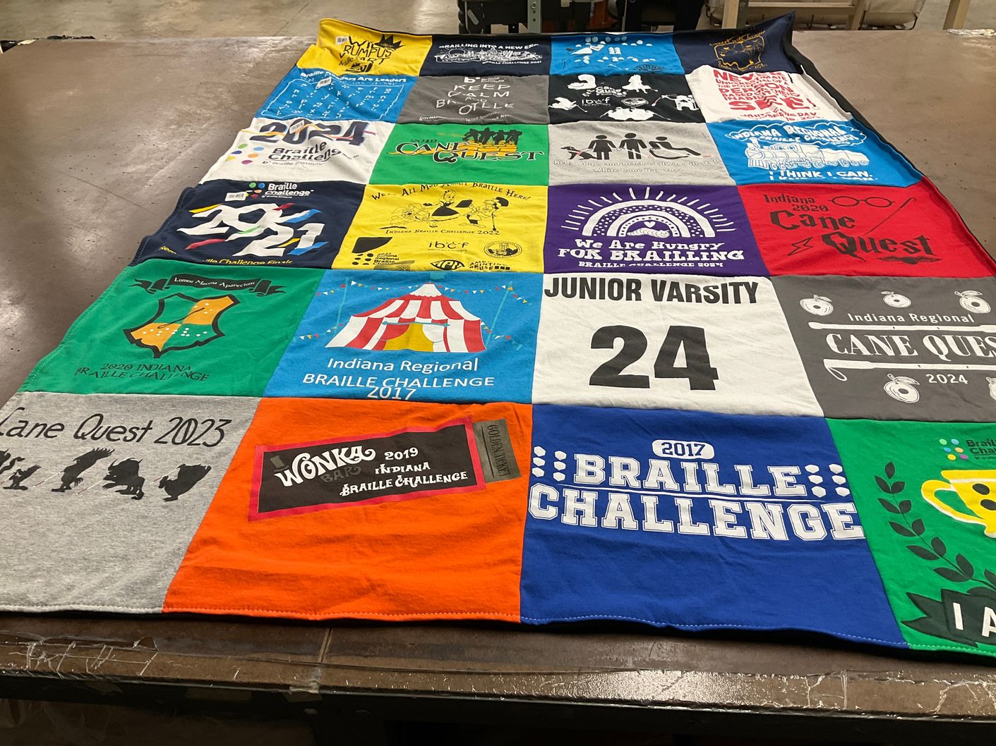 T-shirt quilt with braille, specialneeds themes by Kayla from IN