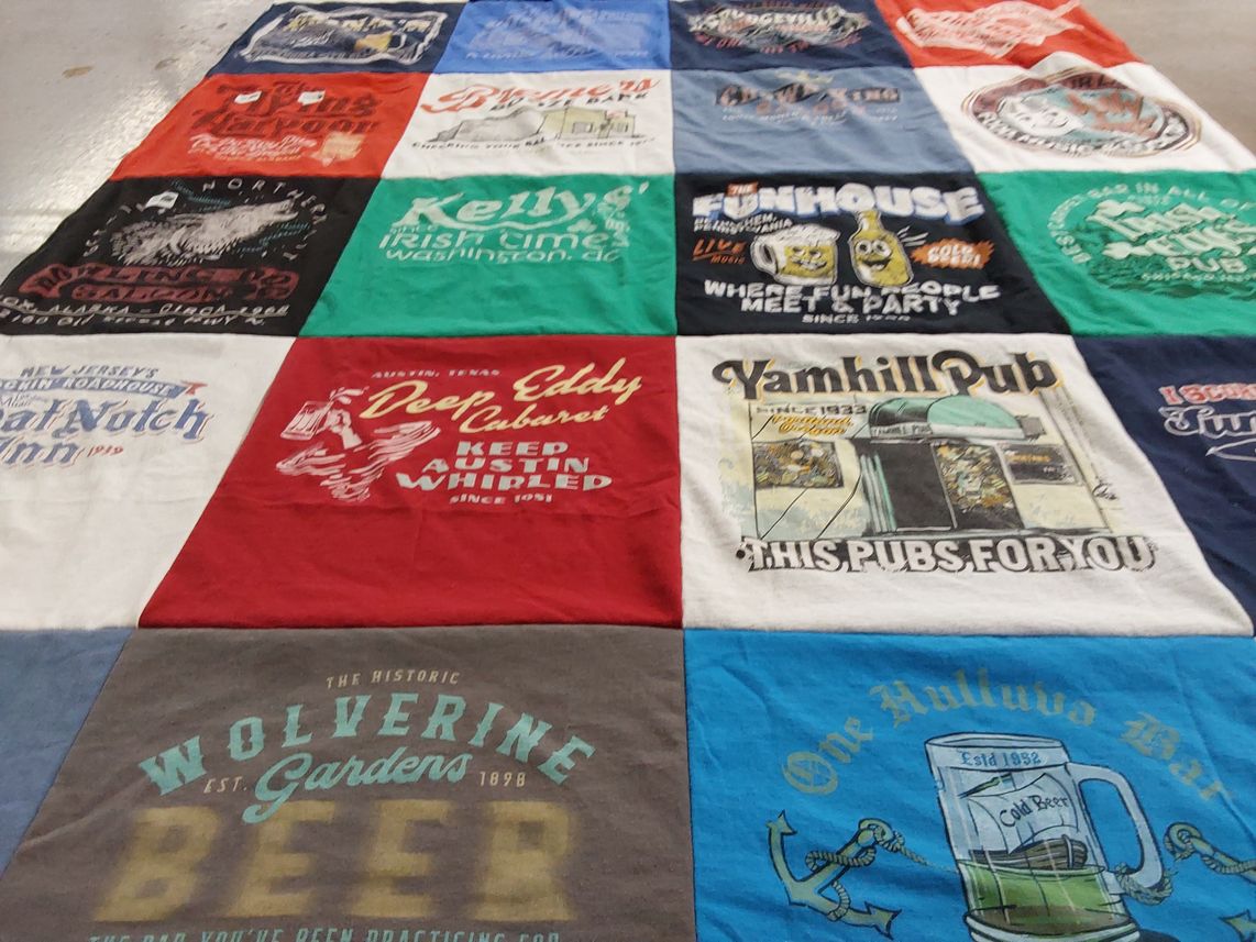 T-shirt quilt with breweries, bars themes by Mary from NH