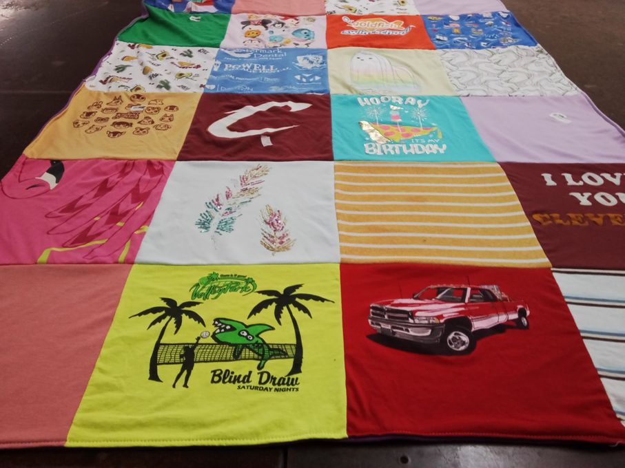 T-shirt quilt with birthday celebrations, volleyball themes by Jeffrey from OH