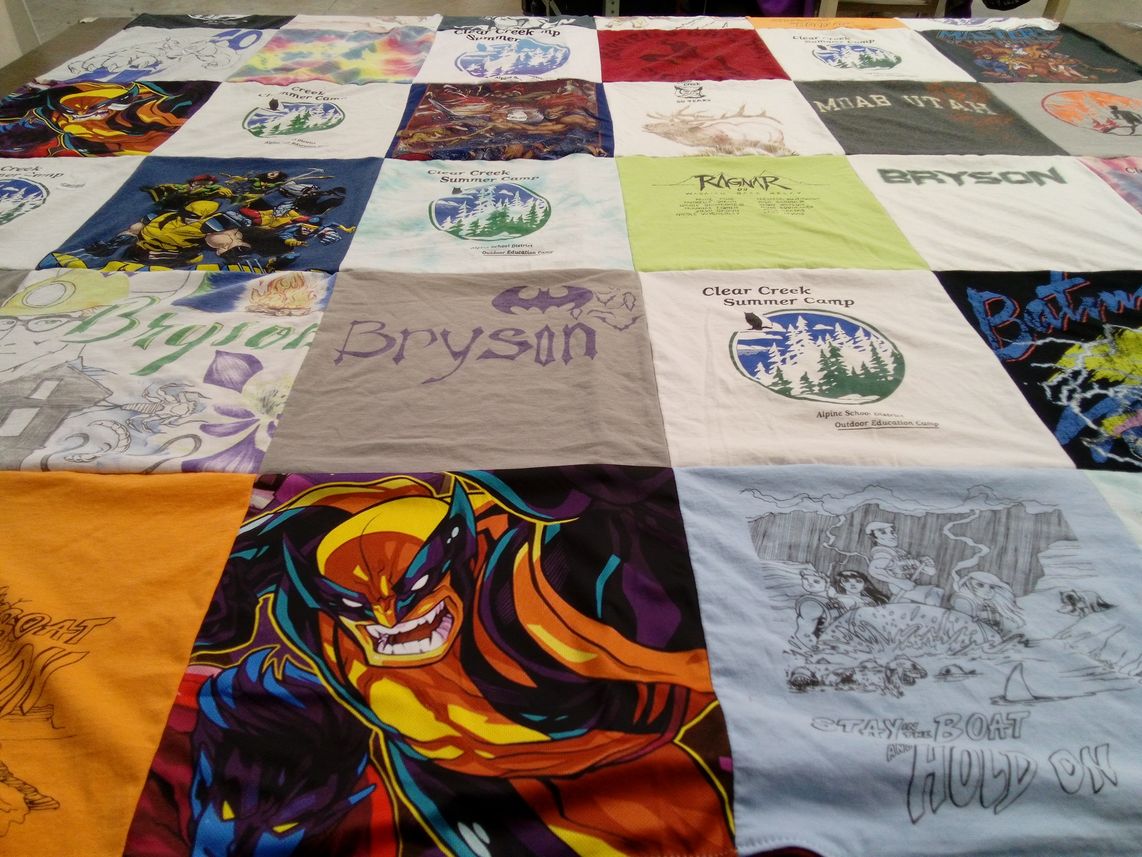 T-shirt quilt with comics, camping themes by Kenny from UT