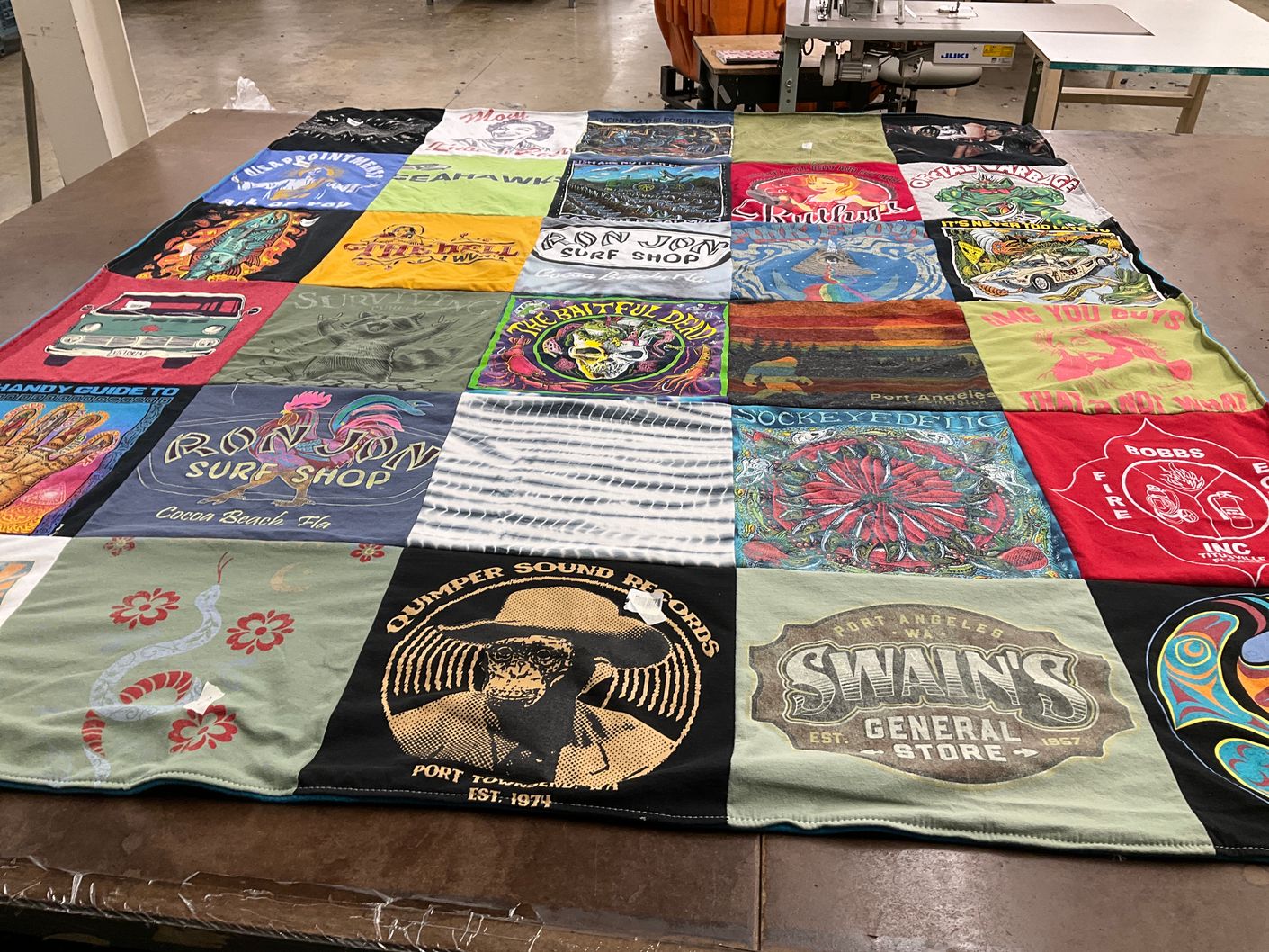T-shirt quilt with surfing, music themes by Diane from FL