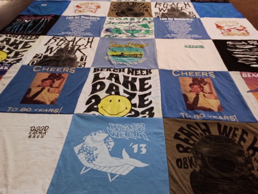 T-shirt quilt with beach events, celebrations themes by Claire from VA
