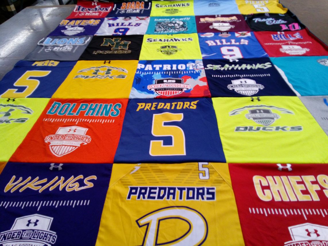 T-shirt quilt featuring dolphins, vikings by Kimberly from FL