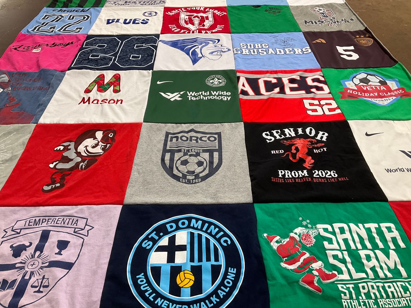 T-shirt quilt featuring sacred heart crusaders, norco soccer team by Nancy from MO