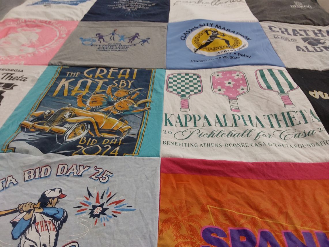 T-shirt quilt with marathon, pickleball themes by Polly from NJ