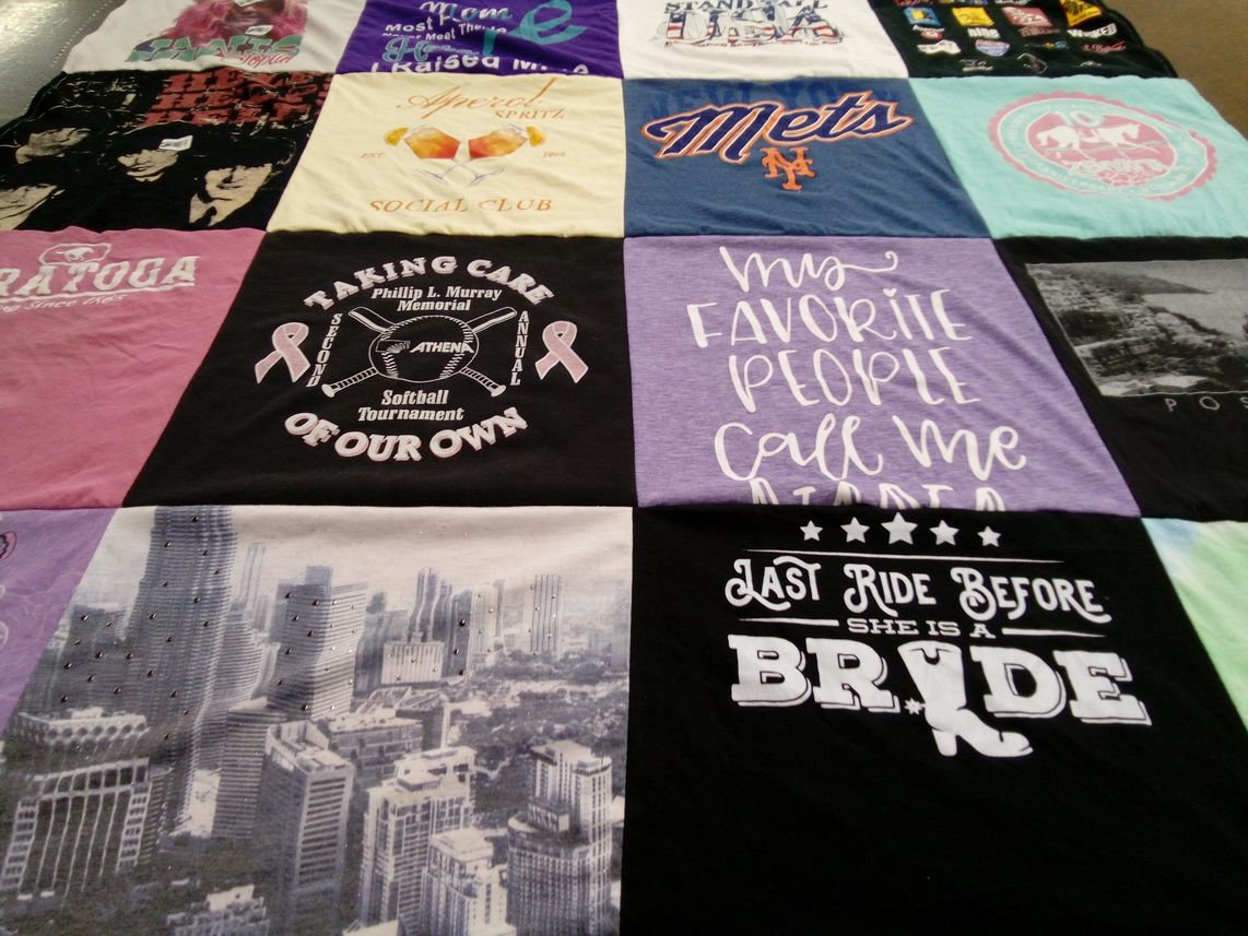T-shirt quilt with softball, bride themes by Debra from CT