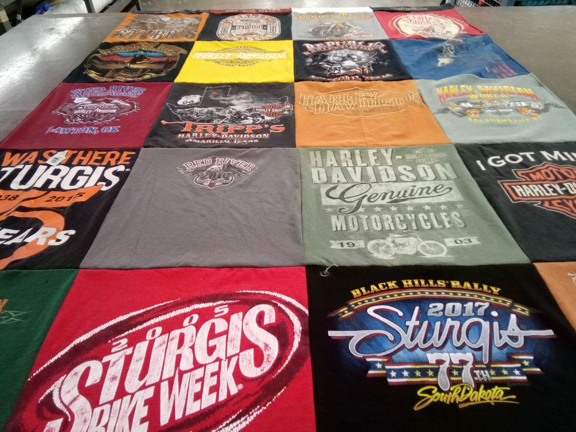 T-shirt quilt with motorcycling, biking themes by Cheryl from TX