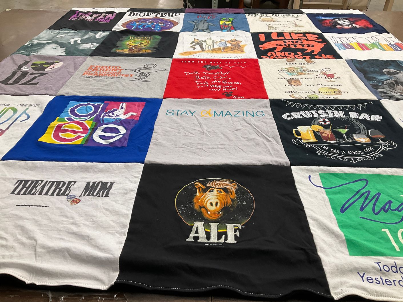 T-shirt quilt with theater, music themes by Cindy from MI