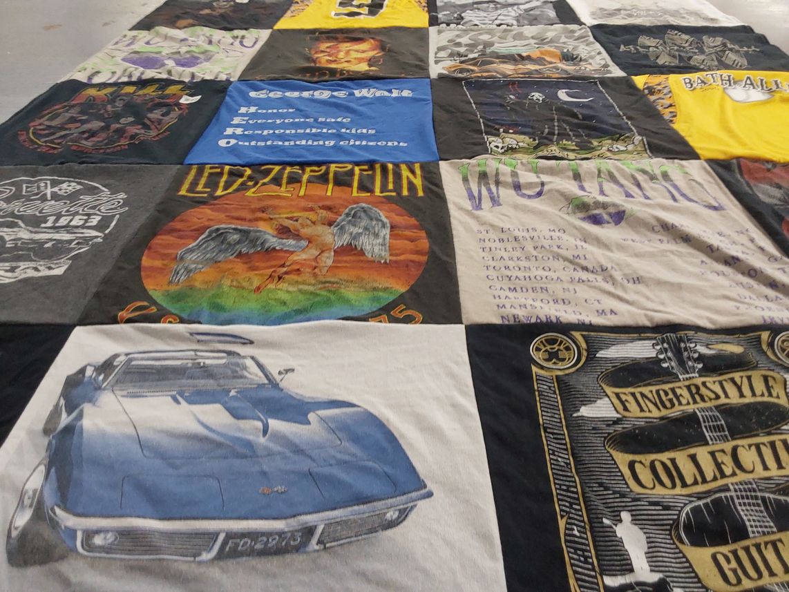 T-shirt quilt with music, cars themes by Jodi from PA