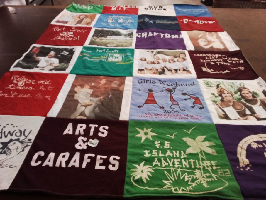T-shirt quilt with crafting, camping themes by Cathy from OH