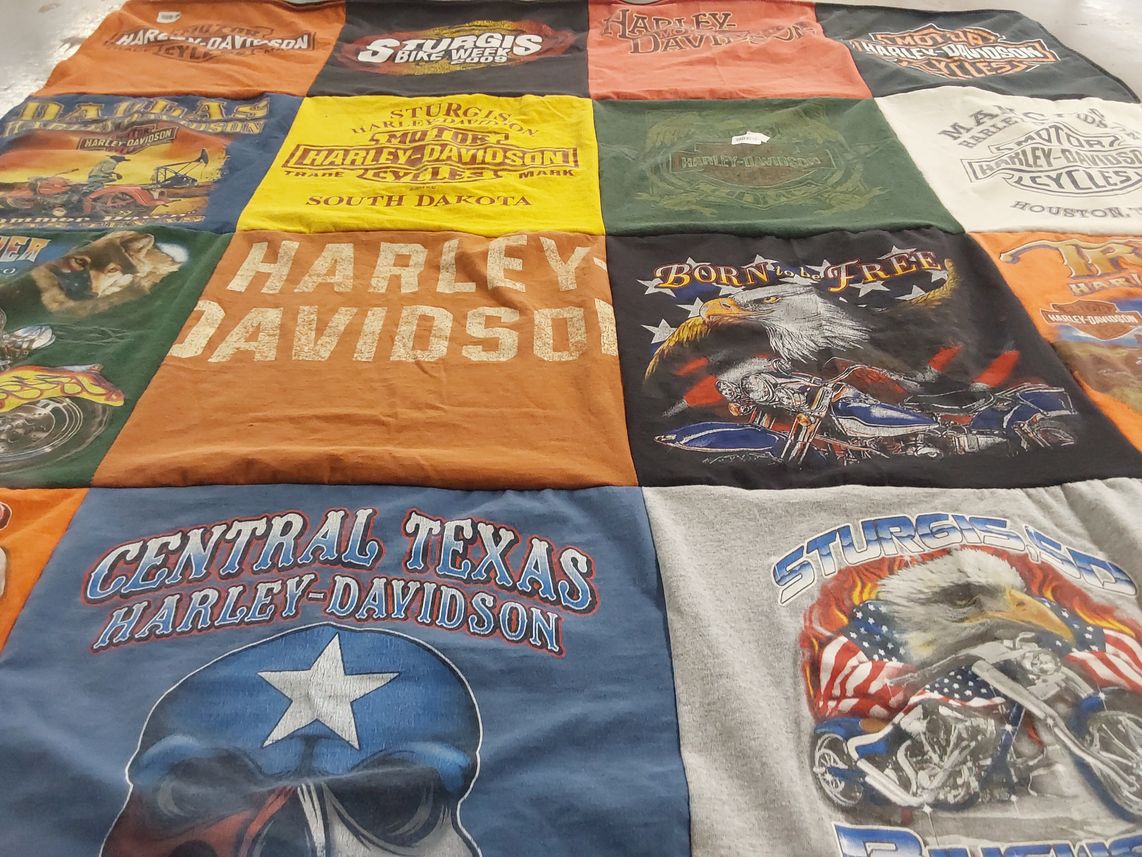 T-shirt quilt with motorcycles, biking themes by Cheryl from TX