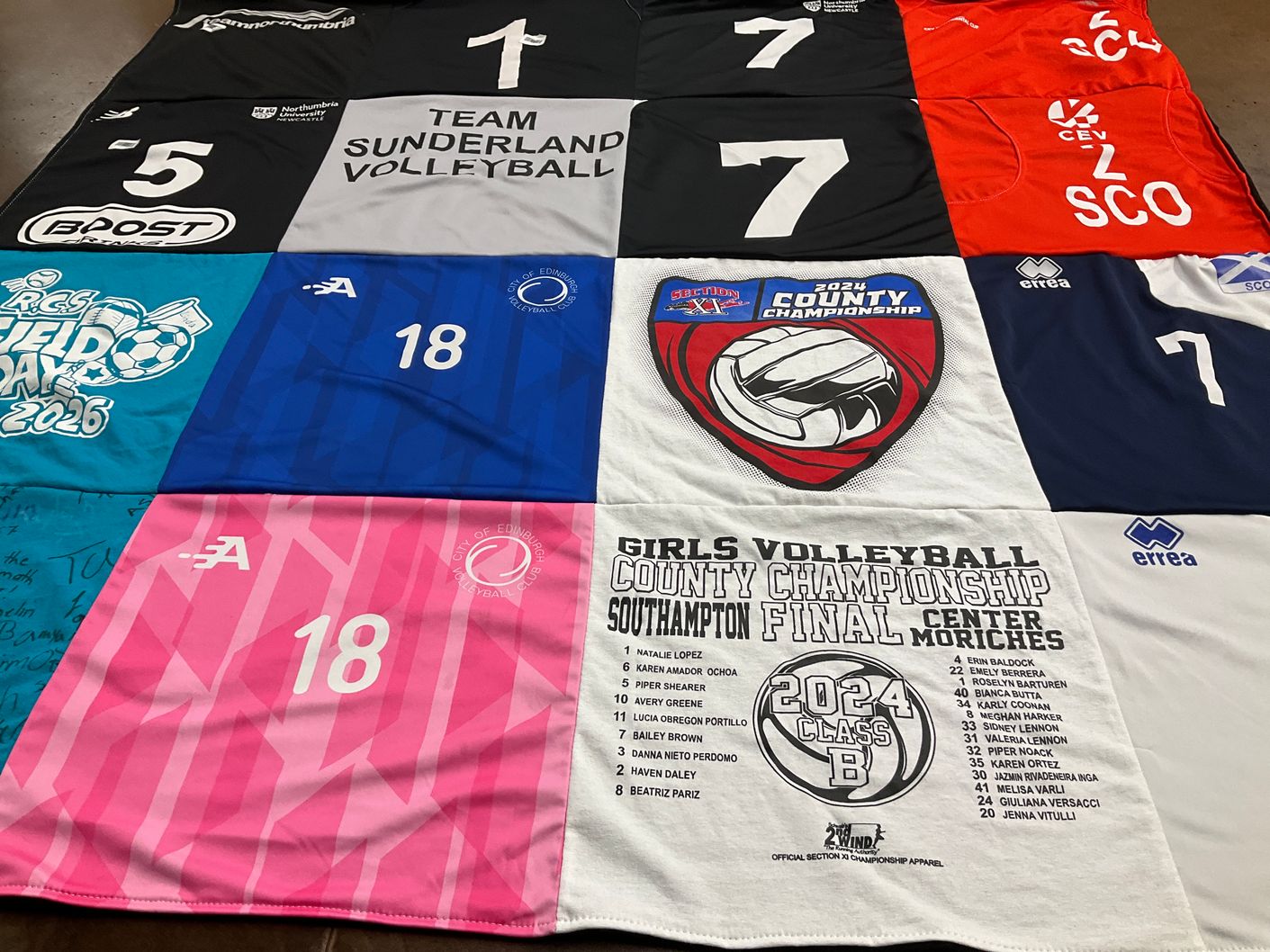 T-shirt quilt featuring team sunderland volleyball, city of edinburgh volleyball by Harris from NY