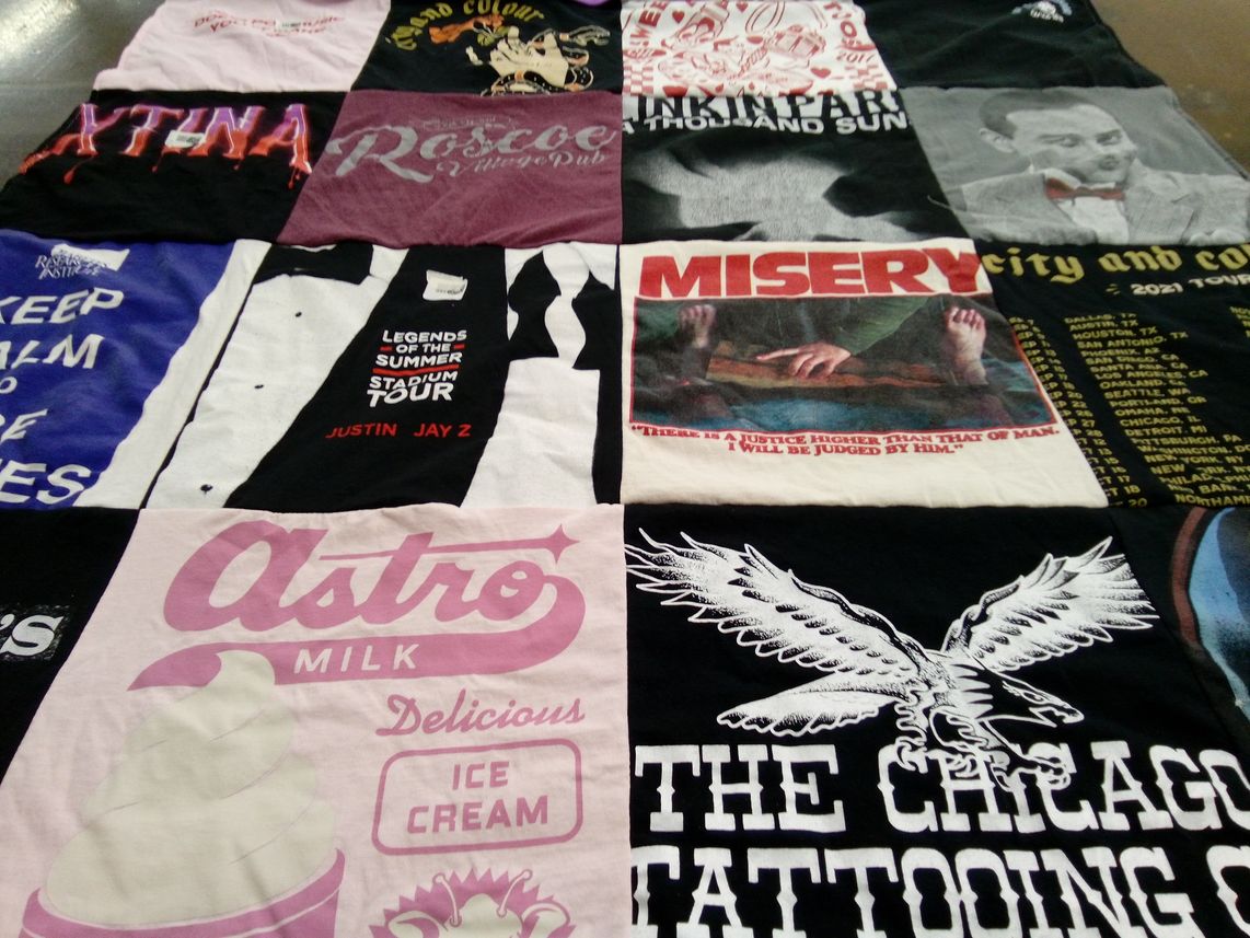 T-shirt quilt with music, tattoos themes by Penny from IL