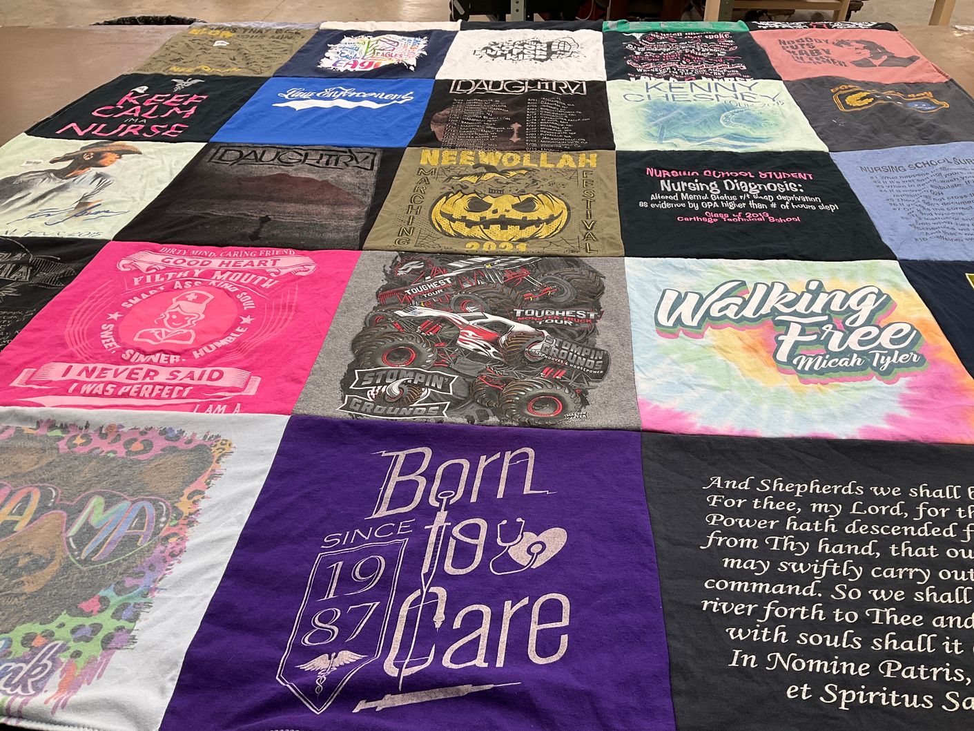 T-shirt quilt with nursing, music themes by Tasha from MO