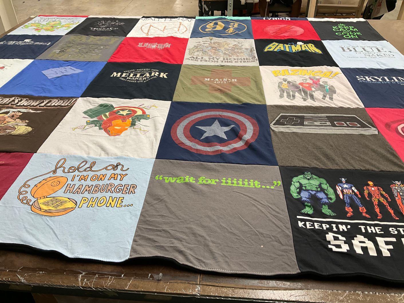 T-shirt quilt with pop culture, superheroes themes by Sharee from UT