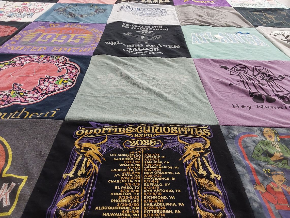 T-shirt quilt with art, collectibles themes by Samantha from NC