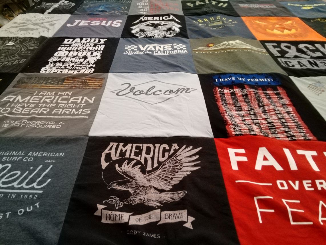 T-shirt quilt with patriotism, faith themes by Haley from CA
