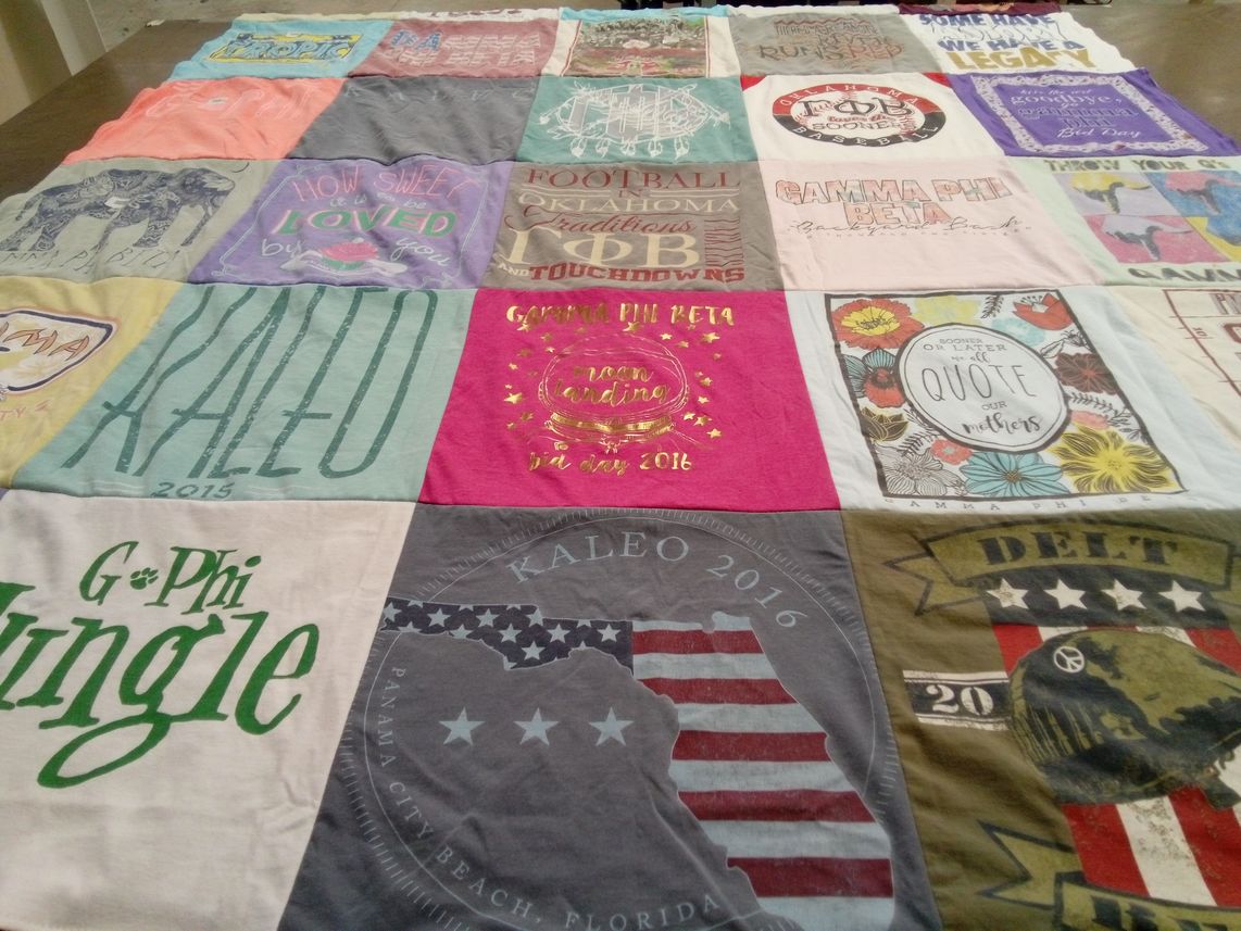 T-shirt quilt with sororities, fraternities themes by Ginger from OK