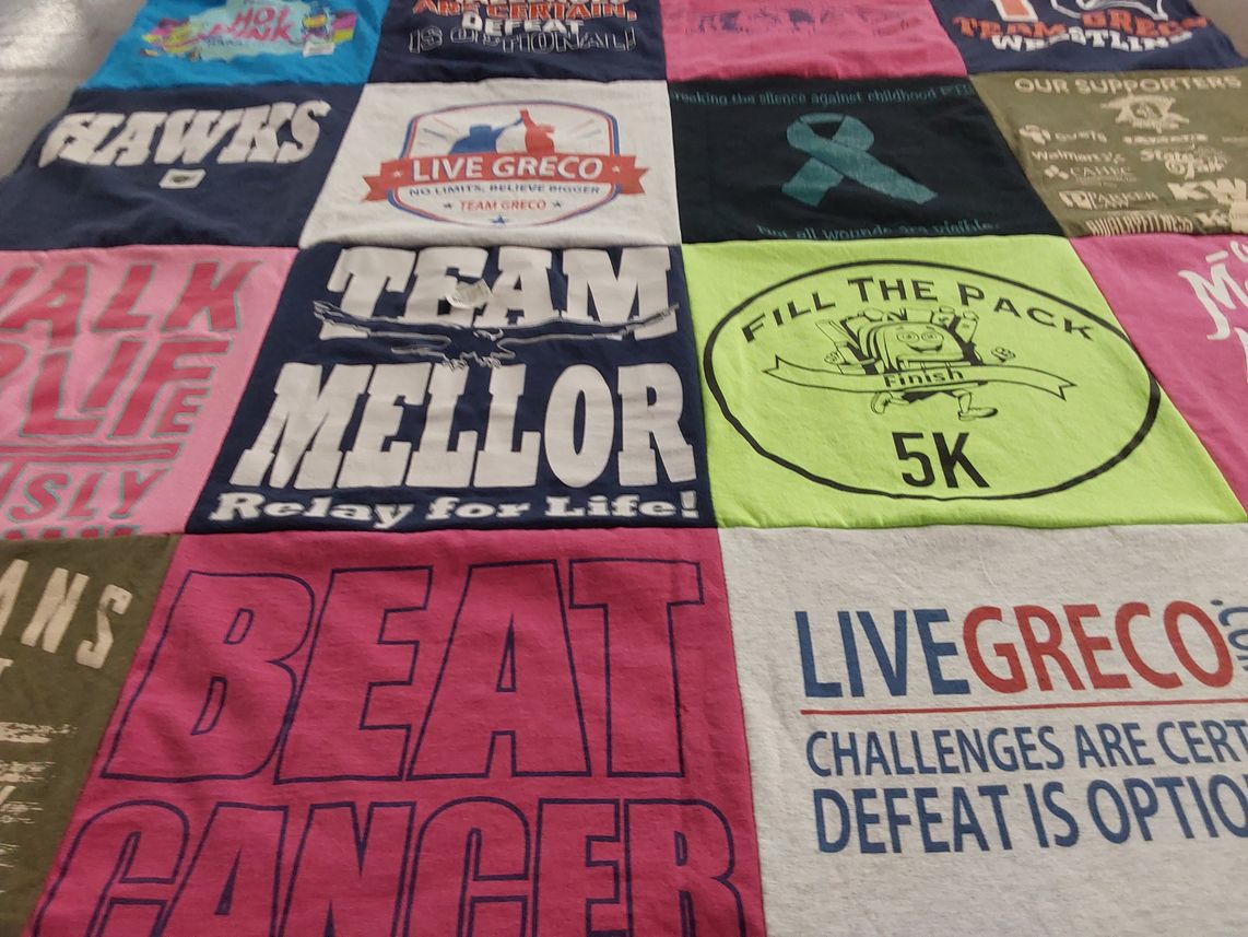 T-shirt quilt with relay for life, charity runs themes by Tracey from SC