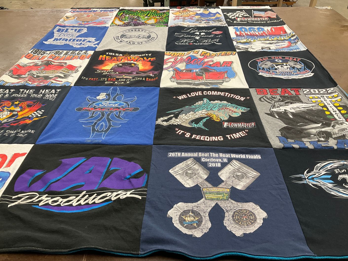 T-shirt quilt with racing, motorsport themes by Tara from LA