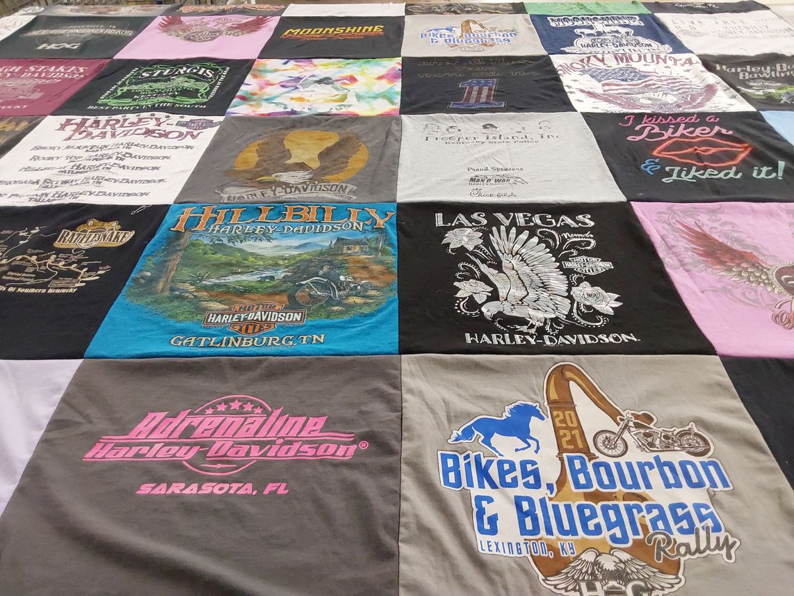 T-shirt quilt with motorcycles, biking themes by Charlye from KY
