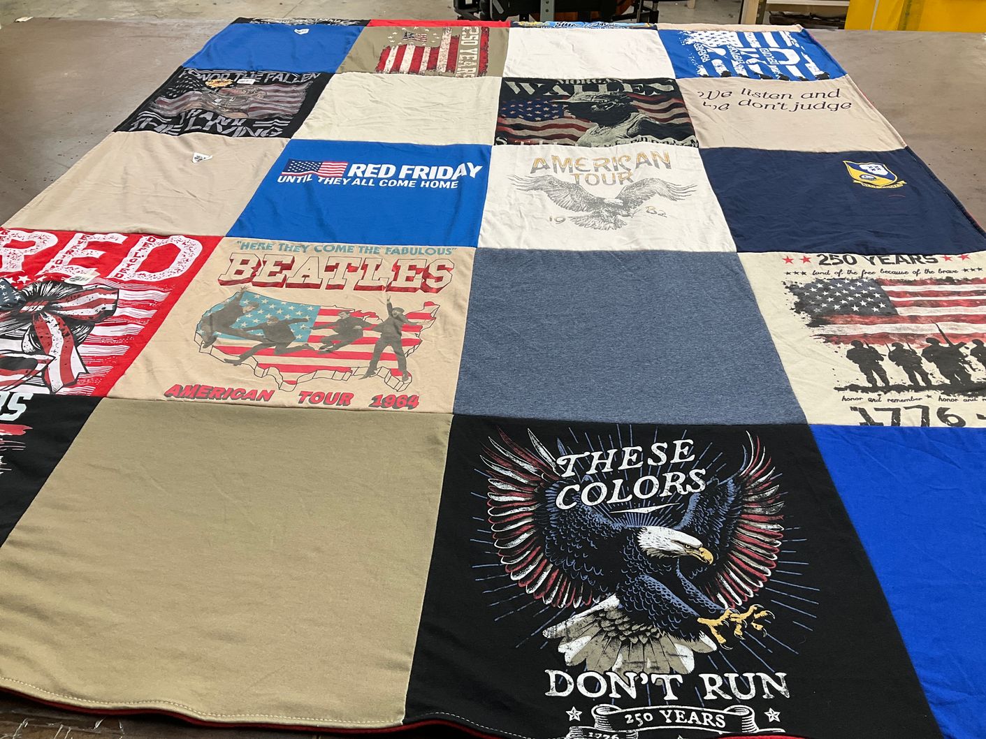 T-shirt quilt with music, patriotism themes by Trish from OK