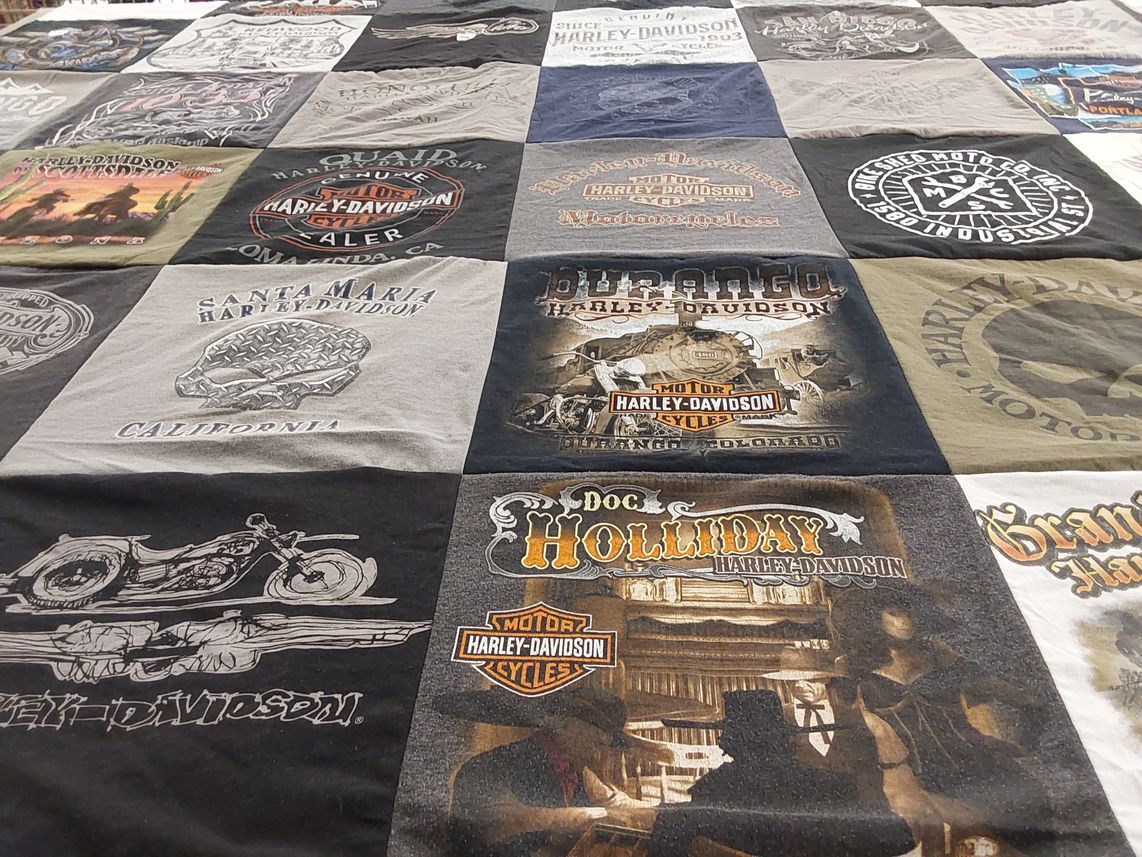 T-shirt quilt with motorcycles, biking themes by LESLIE from CA