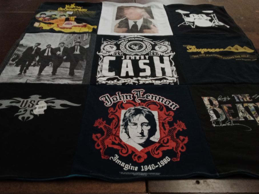 T-shirt quilt with music, bands themes by Rita from FL