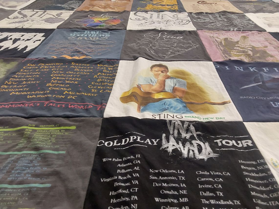 T-shirt quilt with music, concerts themes by Victoria from WA