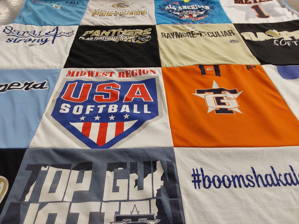 T-shirt quilt with softball, flag football themes by Lindsay from MO