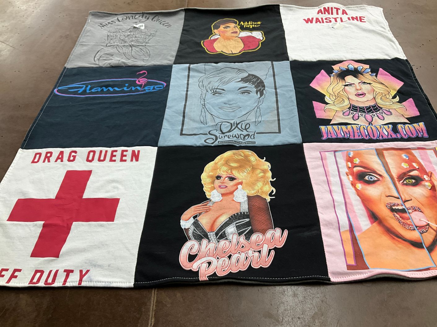 T-shirt quilt with drag culture, comedy themes by Michael from IL