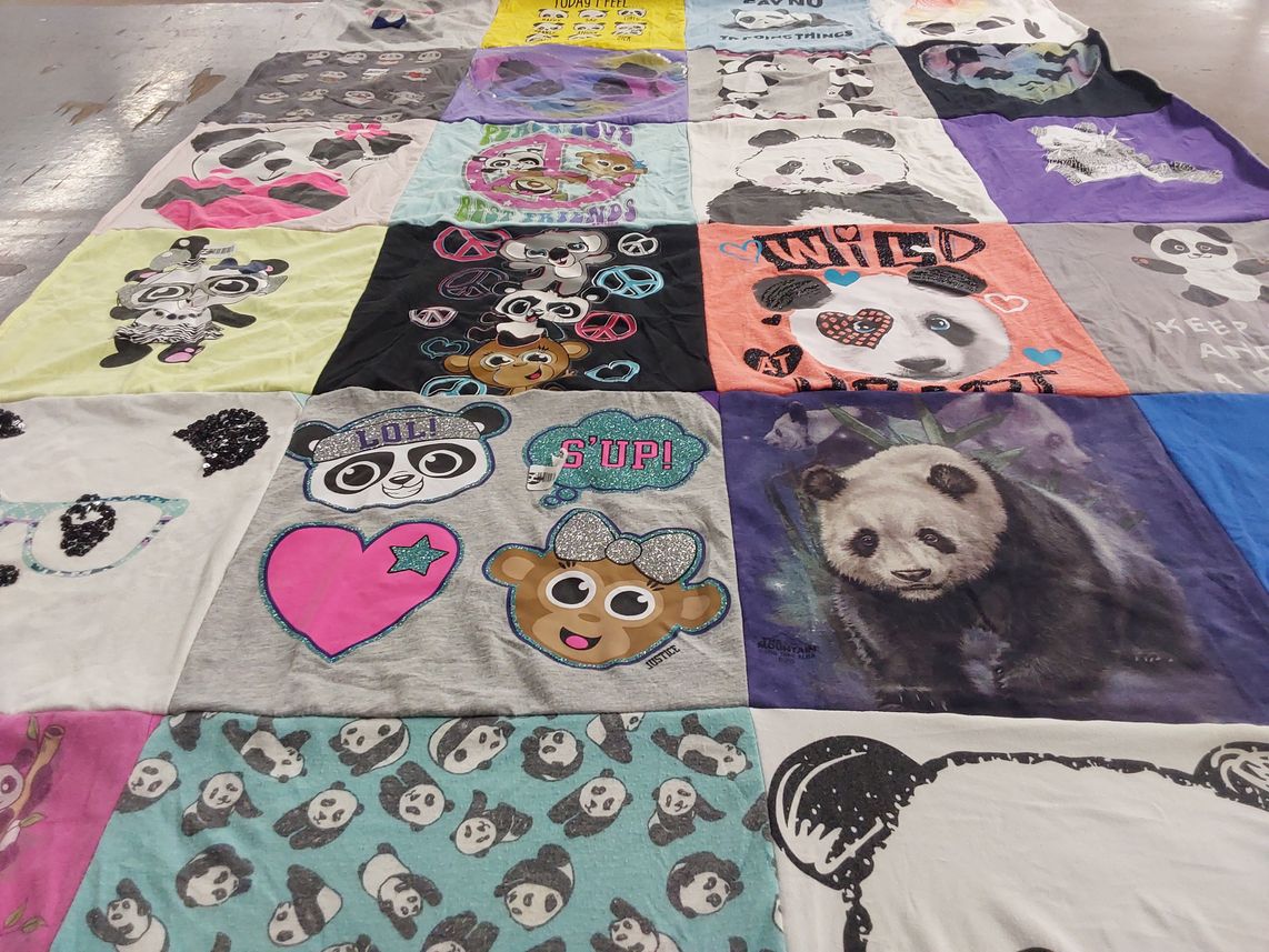T-shirt quilt with animals, pandas themes by Mary from PA
