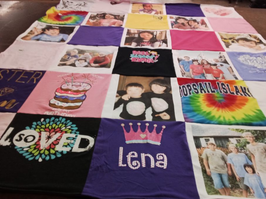 T-shirt quilt with family, celebration themes by Lynnea from PA