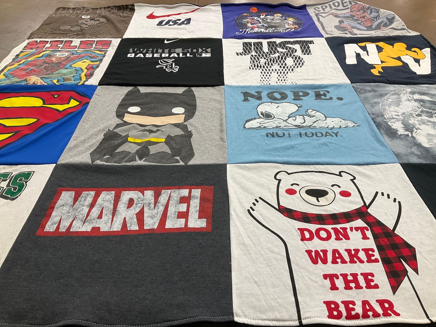 T-shirt quilt with superheroes, comics themes by Tammy from IL